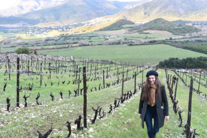 , in theVIctoria James at Antoine Arena vineyards of Haut-Carco, Corsica, France; Photo Credit: Lyle Railsback